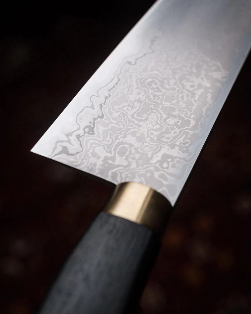 Milan Gravier - Nogent - Damascus x Full Stone Polish - 135Cr3 Carbon - 240mm Gyuto - Detachable Bog Oak Western Handle - Matching Bog Oak Saya - Image 19