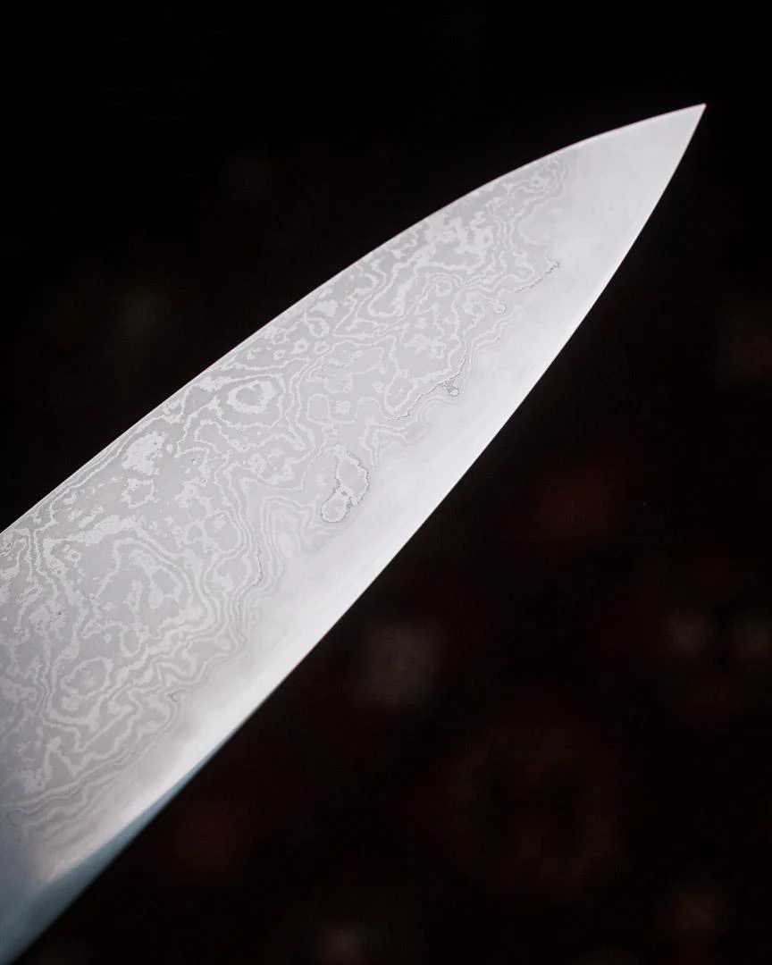 Milan Gravier - Nogent - Damascus x Full Stone Polish - 135Cr3 Carbon - 240mm Gyuto - Detachable Bog Oak Western Handle - Matching Bog Oak Saya - Image 20