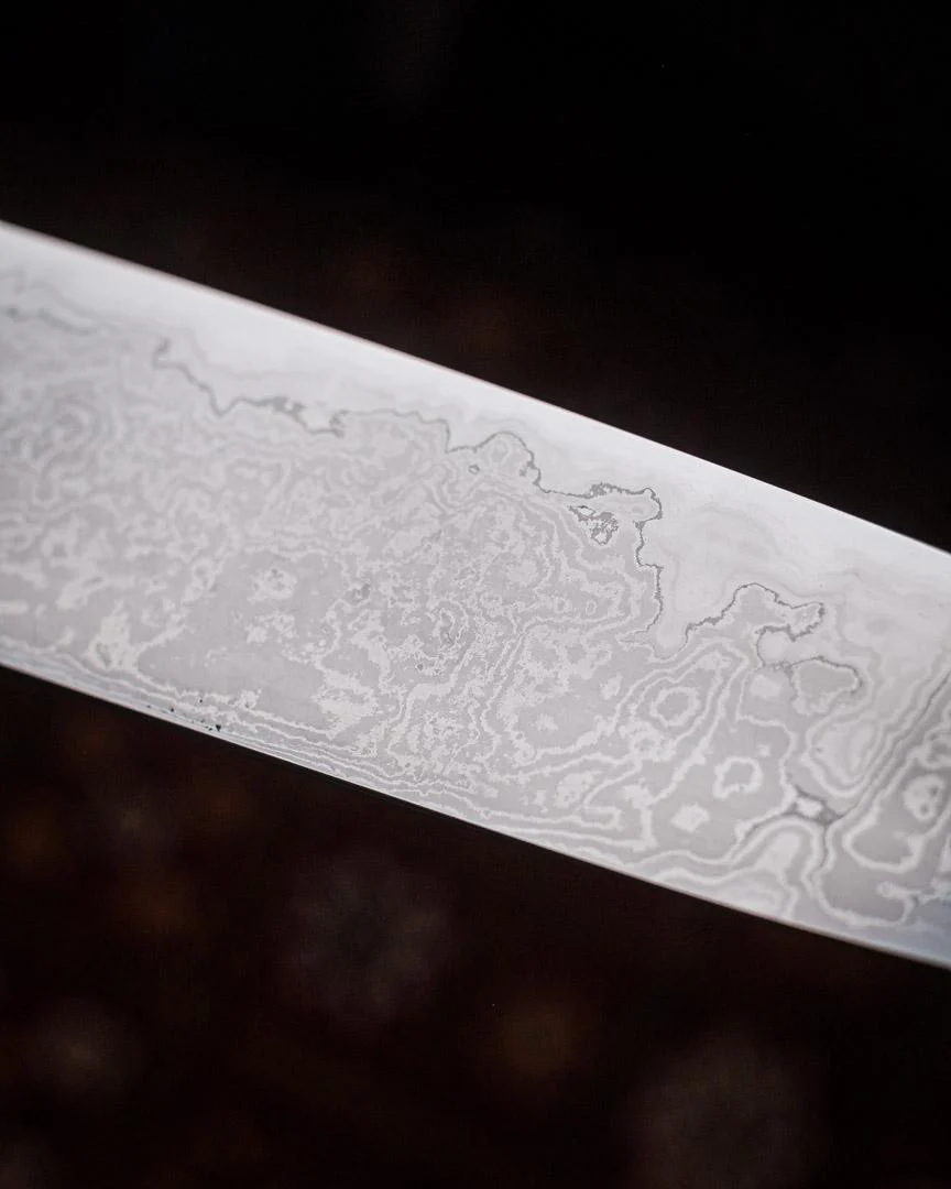 Milan Gravier - Nogent - Damascus x Full Stone Polish - 135Cr3 Carbon - 240mm Gyuto - Detachable Bog Oak Western Handle - Matching Bog Oak Saya - Image 21