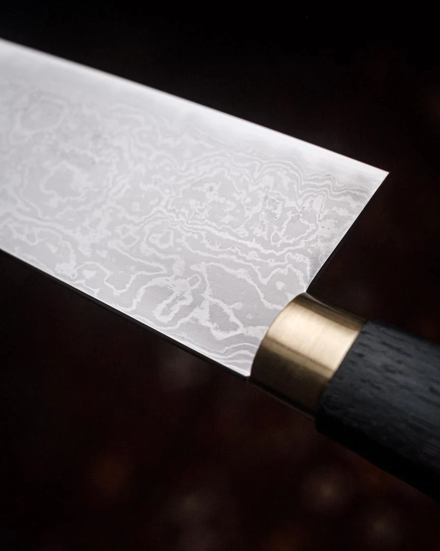 Milan Gravier - Nogent - Damascus x Full Stone Polish - 135Cr3 Carbon - 240mm Gyuto - Detachable Bog Oak Western Handle - Matching Bog Oak Saya - Image 22