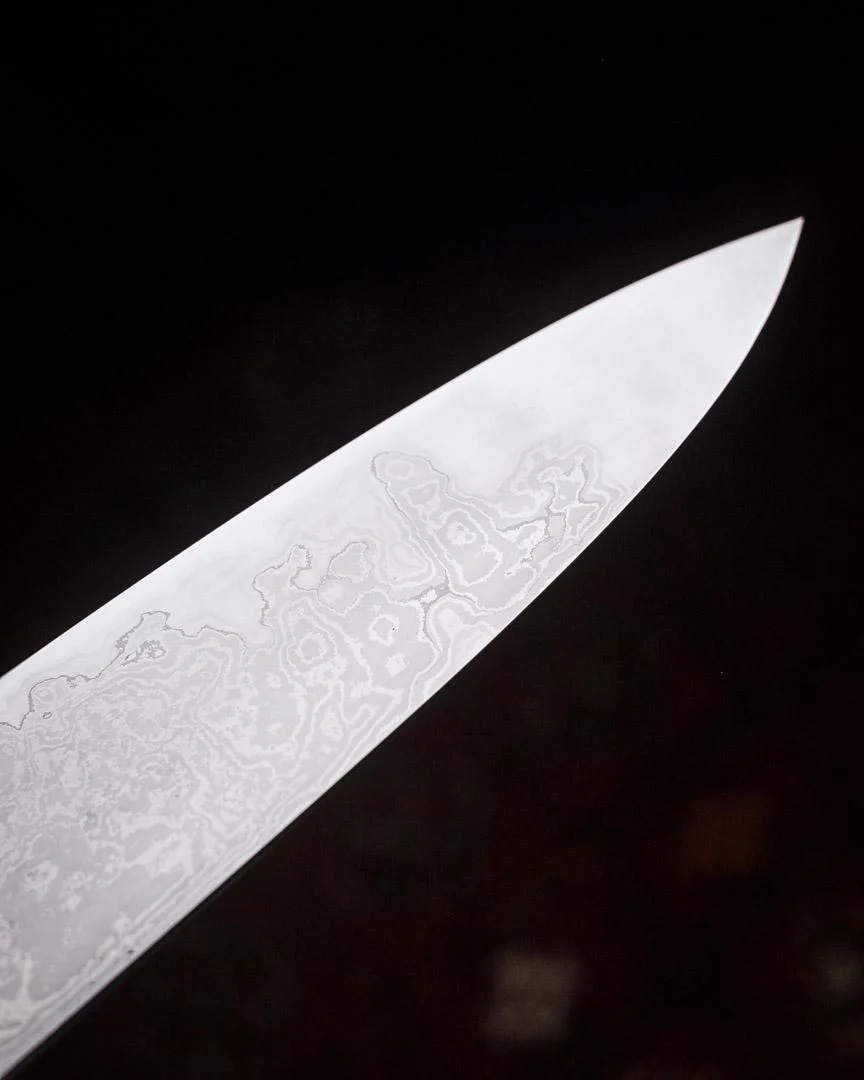 Milan Gravier - Nogent - Damascus x Full Stone Polish - 135Cr3 Carbon - 240mm Gyuto - Detachable Bog Oak Western Handle - Matching Bog Oak Saya - Image 23