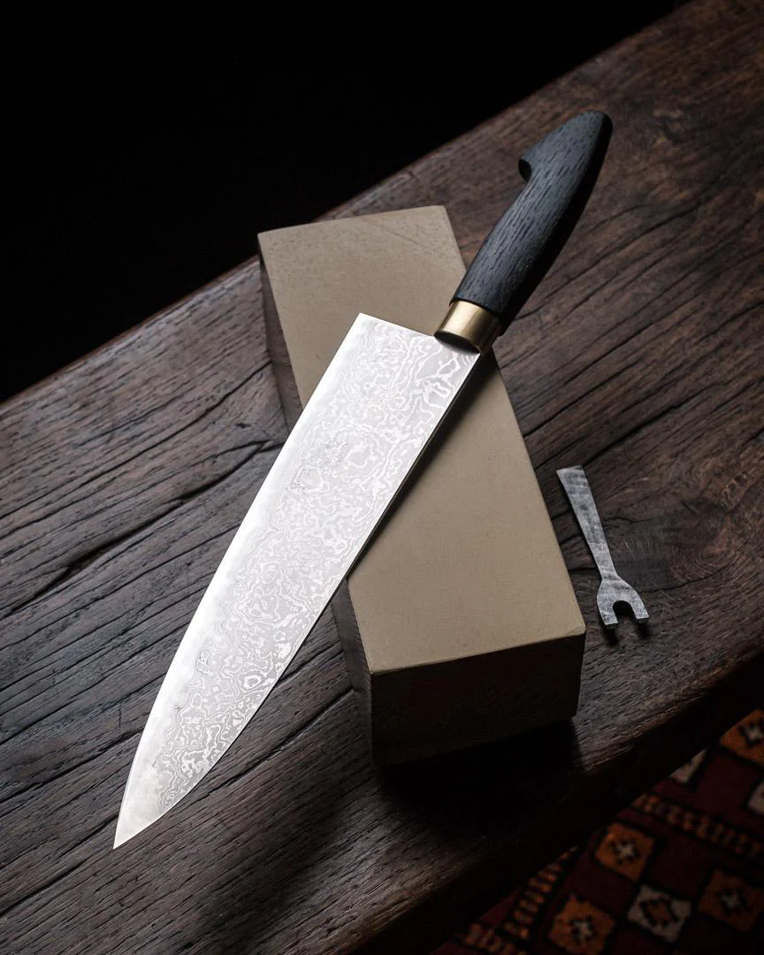 Milan Gravier - Nogent - Damascus x Full Stone Polish - 135Cr3 Carbon - 240mm Gyuto - Detachable Bog Oak Western Handle - Matching Bog Oak Saya - Image 27