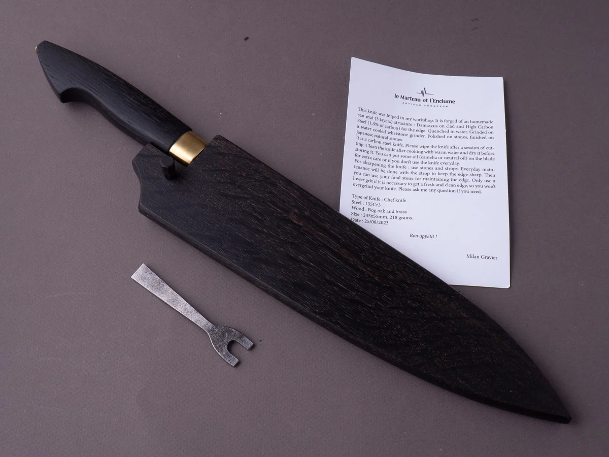 Milan Gravier - Nogent - Damascus x Full Stone Polish - 135Cr3 Carbon - 240mm Gyuto - Detachable Bog Oak Western Handle - Matching Bog Oak Saya - Image 7