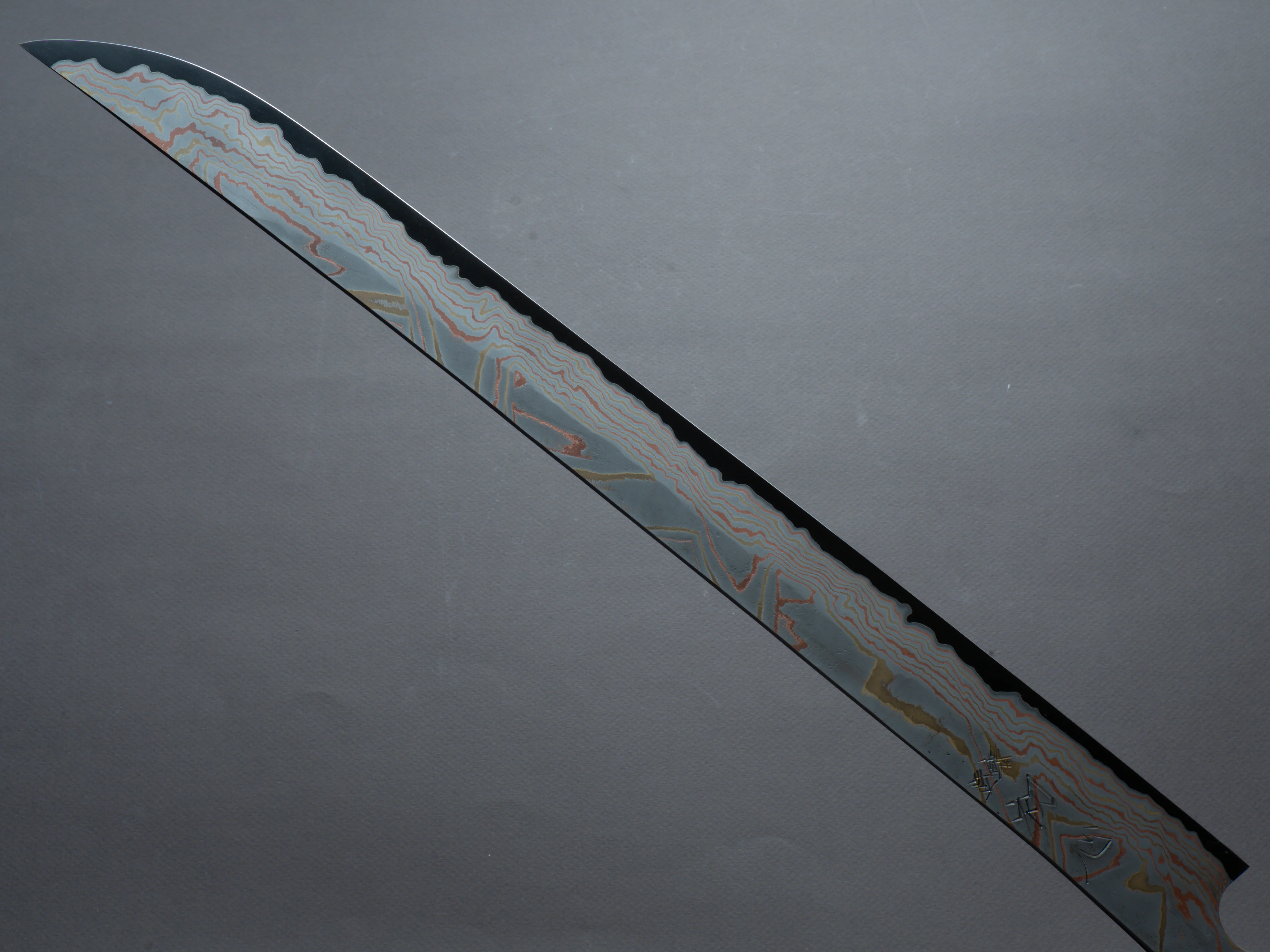 Nigara Hamono - Kurozome Rainbow Damascus - Blue #2 Forced Patina - 450mm Saber Sujihiki - Karin Burl Handle - Custom Sandalwood Saya - Image 5
