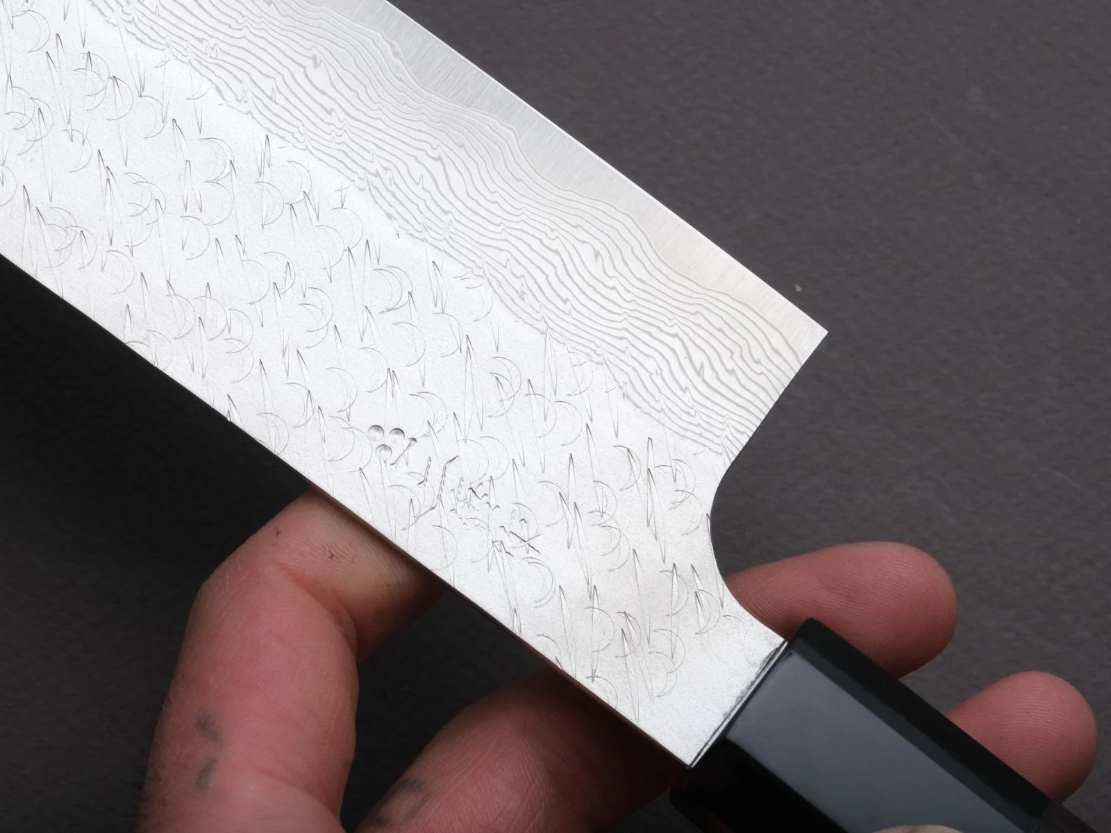 Nigara Hamono - SPG STRIX - Tsuchime Damascus - Nakiri - 180mm - Ebony Handle - Image 5