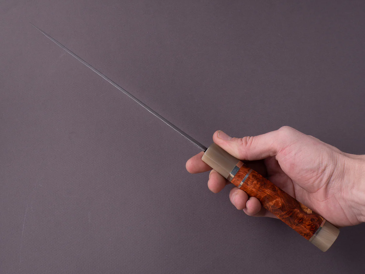 Nigara Hamono - Blue #2 Damascus - 240mm Gyuto - Karin Wood w/ Double Horn & Triple Spacer Handle - Image 9