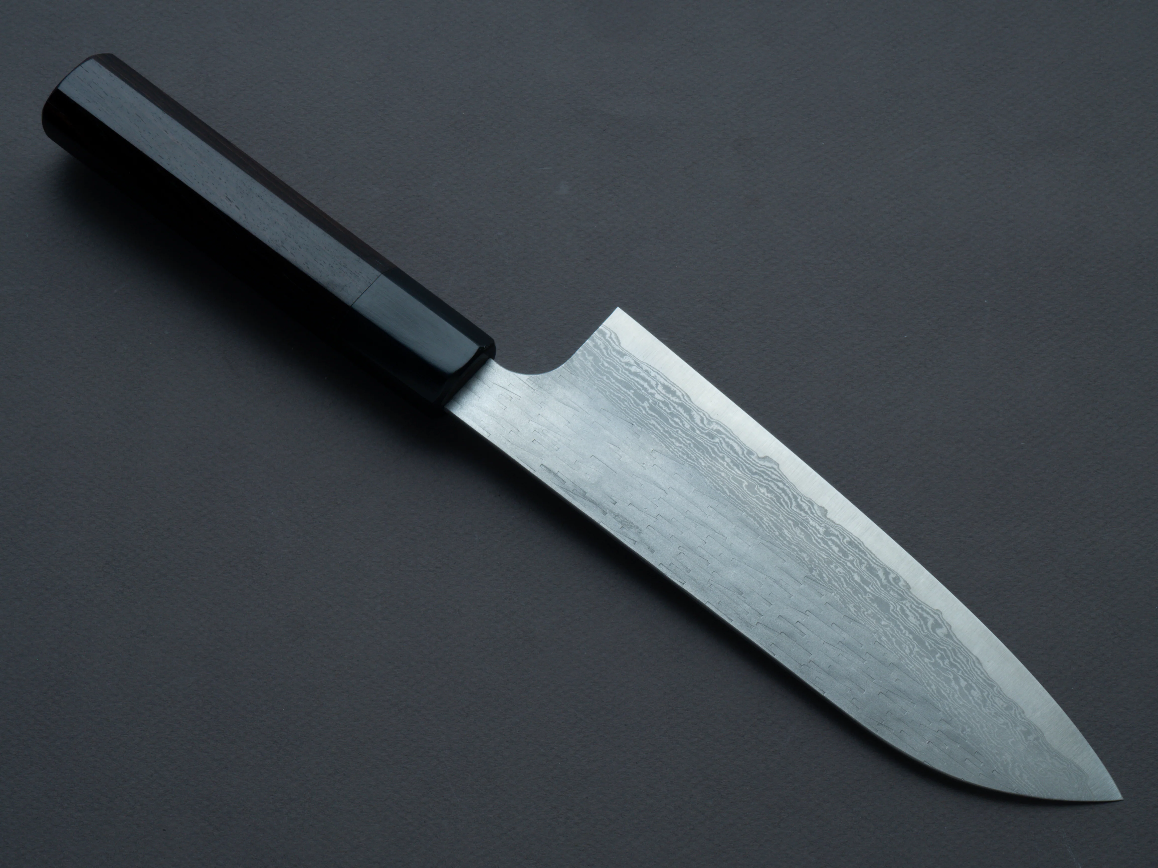 Nigara Hamono - VG XEOS - Tsuchime Damascus - Santoku - 185mm - Ebony Handle - Image 2