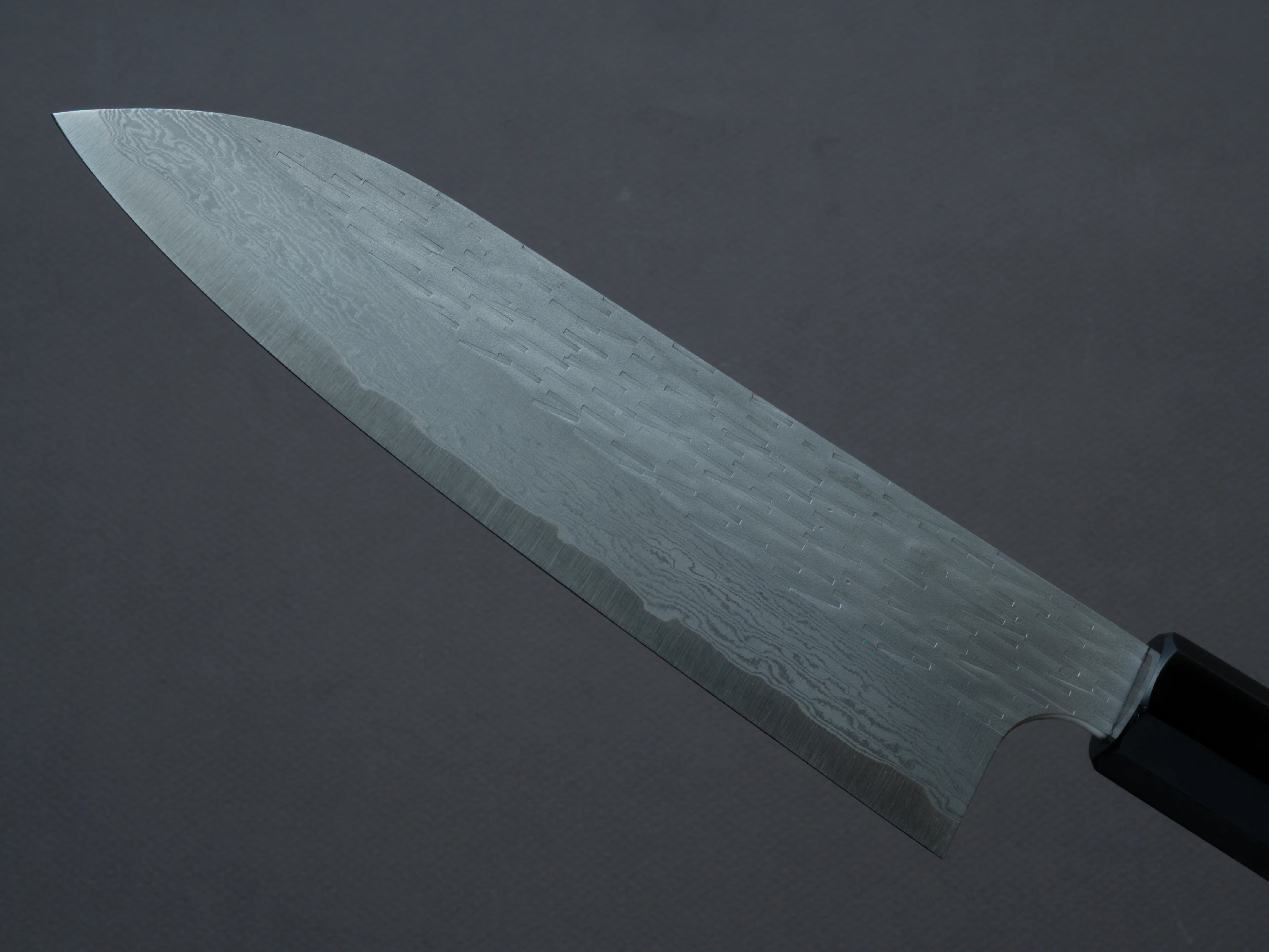 Nigara Hamono - VG XEOS - Tsuchime Damascus - Santoku - 185mm - Ebony Handle - Image 3