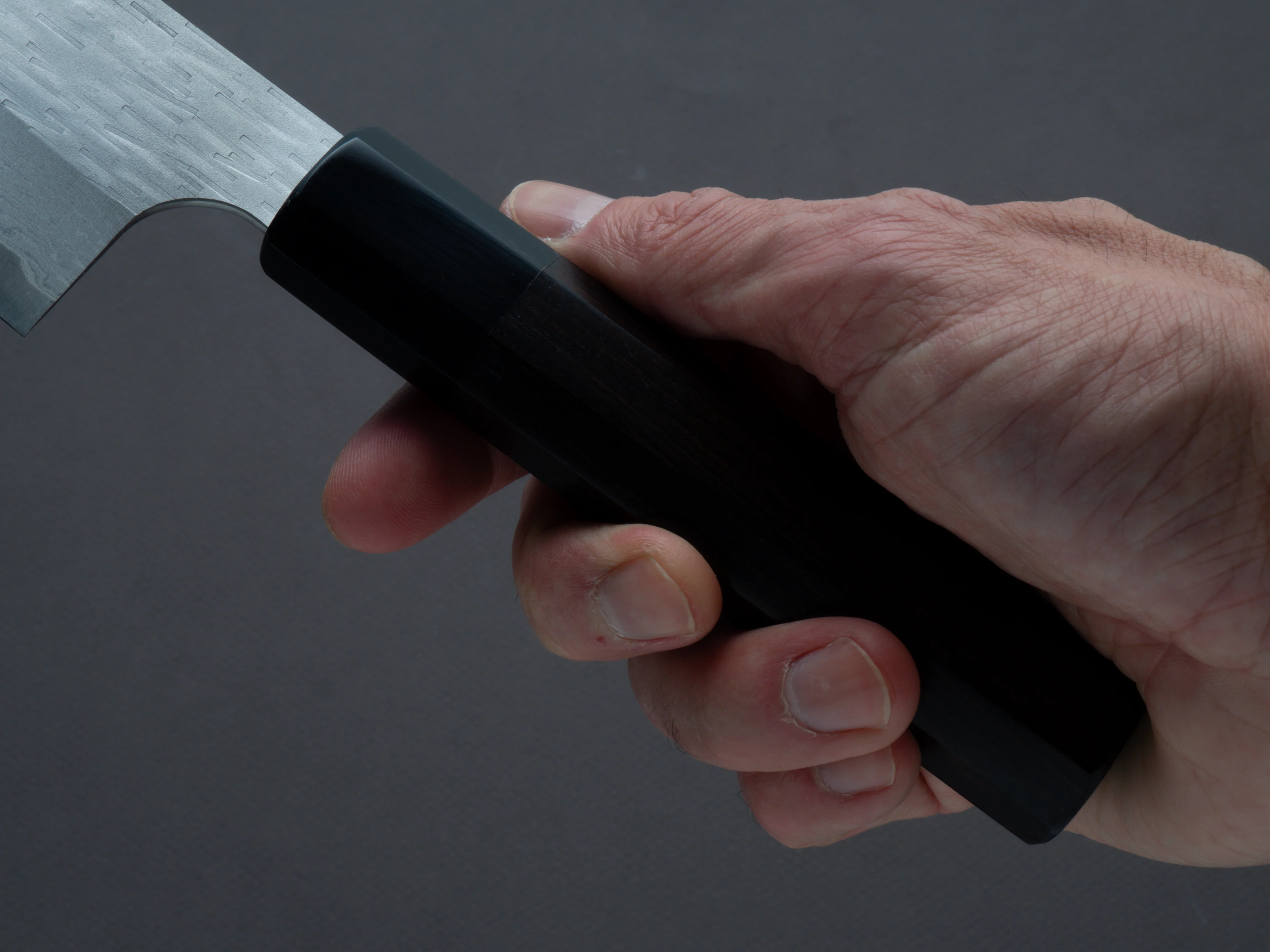 Nigara Hamono - VG XEOS - Tsuchime Damascus - Santoku - 185mm - Ebony Handle - Image 5