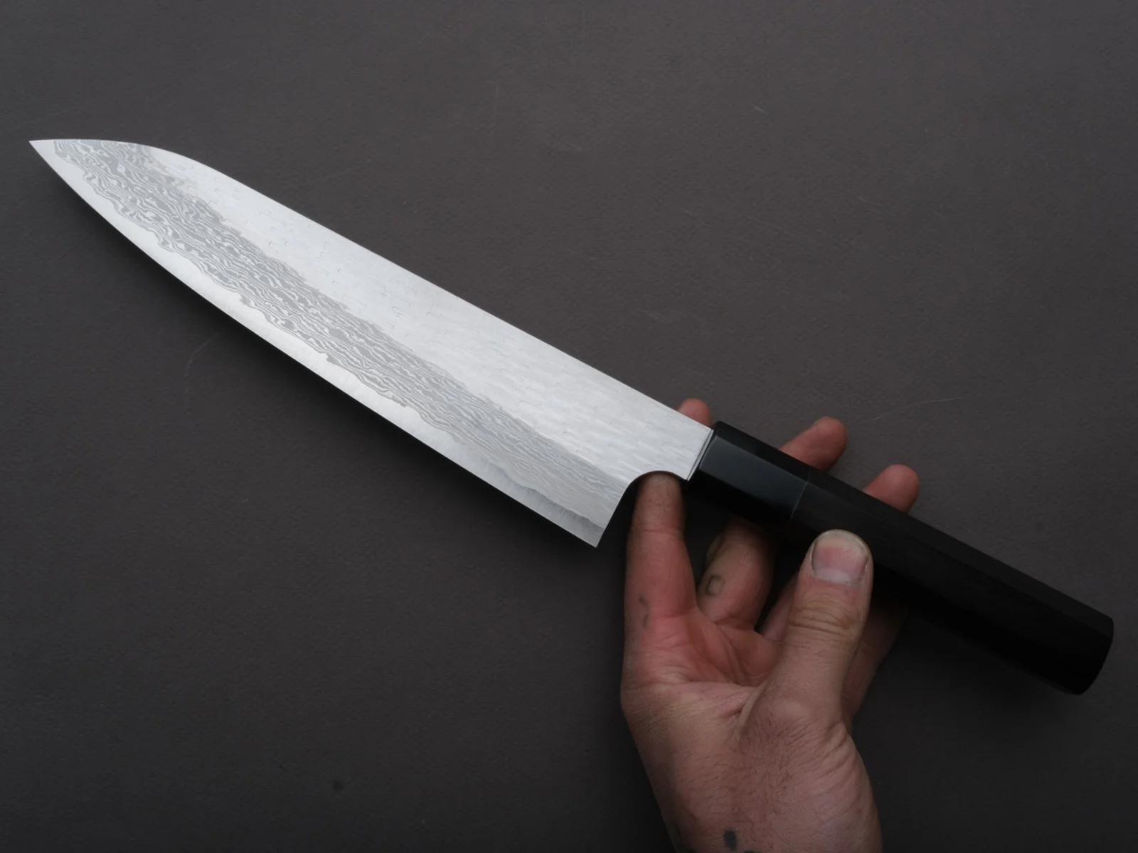 Nigara Hamono - VG XEOS - Tsuchime Damascus - Gyuto - 225mm - Ebony Handle - Image 2