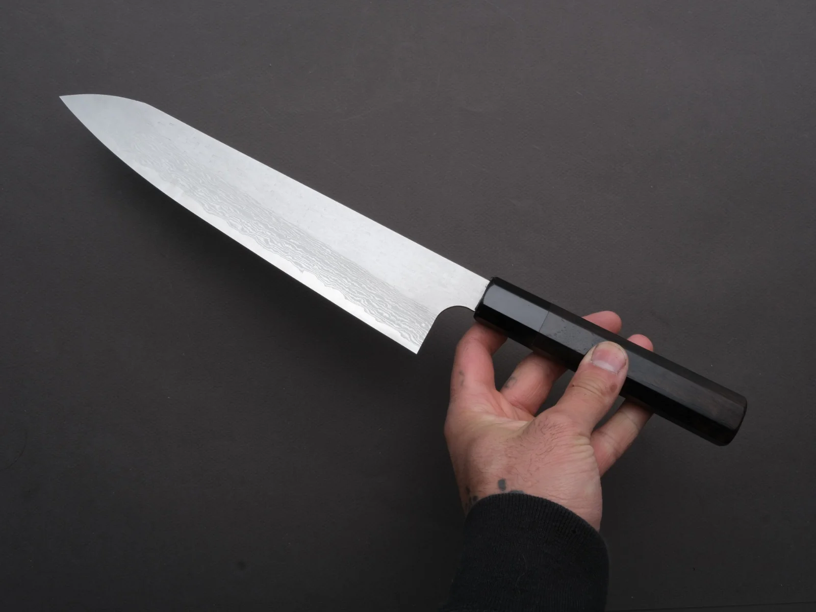 Nigara Hamono - VG XEOS - Tsuchime Damascus - Gyuto - 255mm - Ebony Handle - Image 4