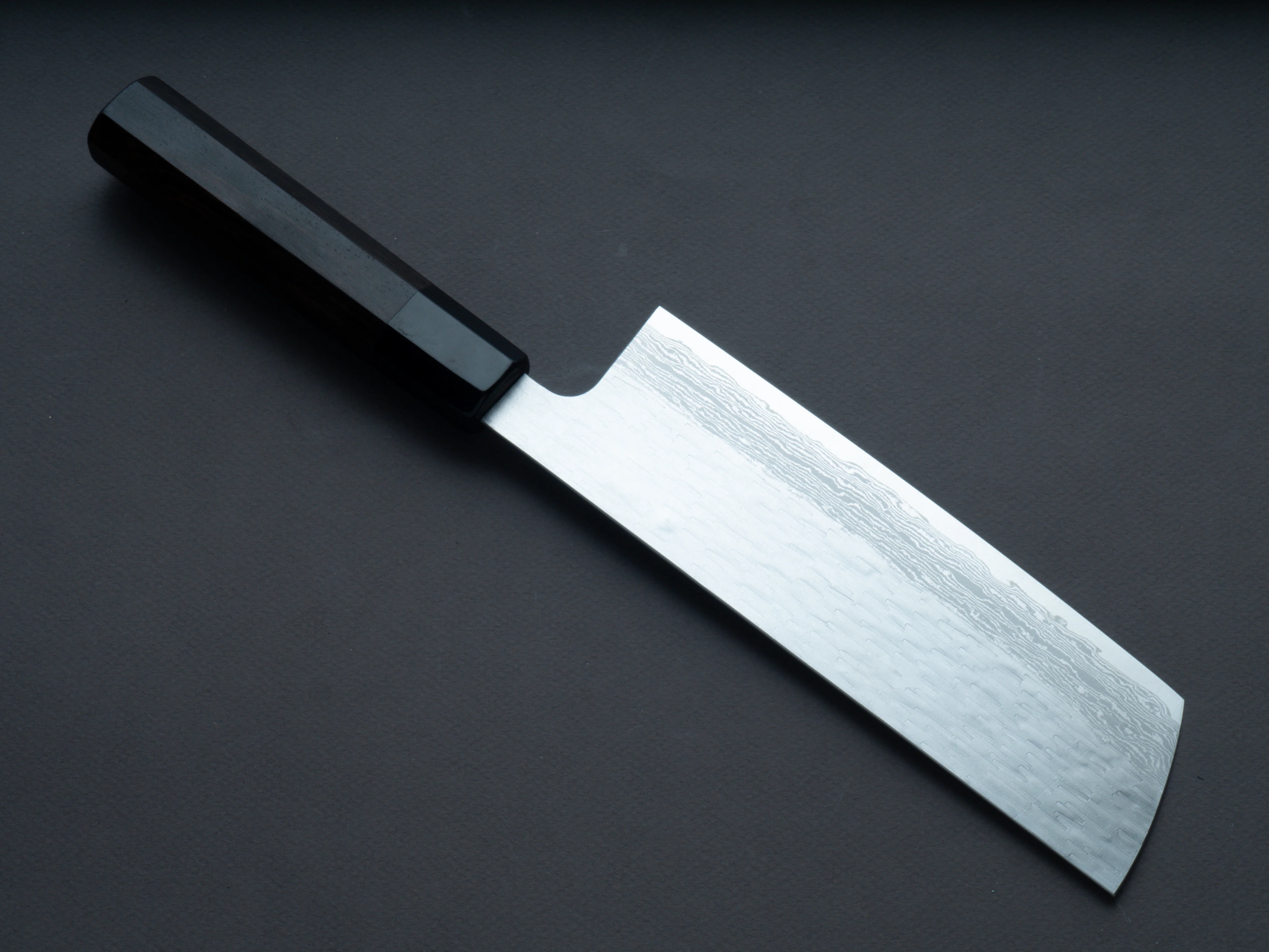 Nigara Hamono- VG XEOS - Tsuchime Damascus - Nakiri - 180mm - Ebony Handle - Image 2