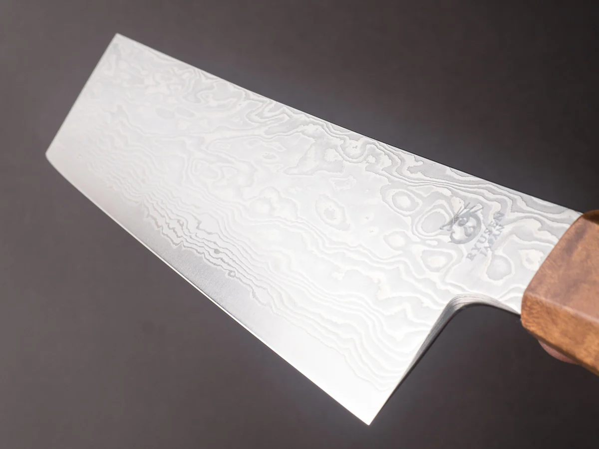 RYUSEN - FUKAKURYU - ATS314 Damascus - 155mm Nakiri - Mono Curly Maple Handle - Image 10