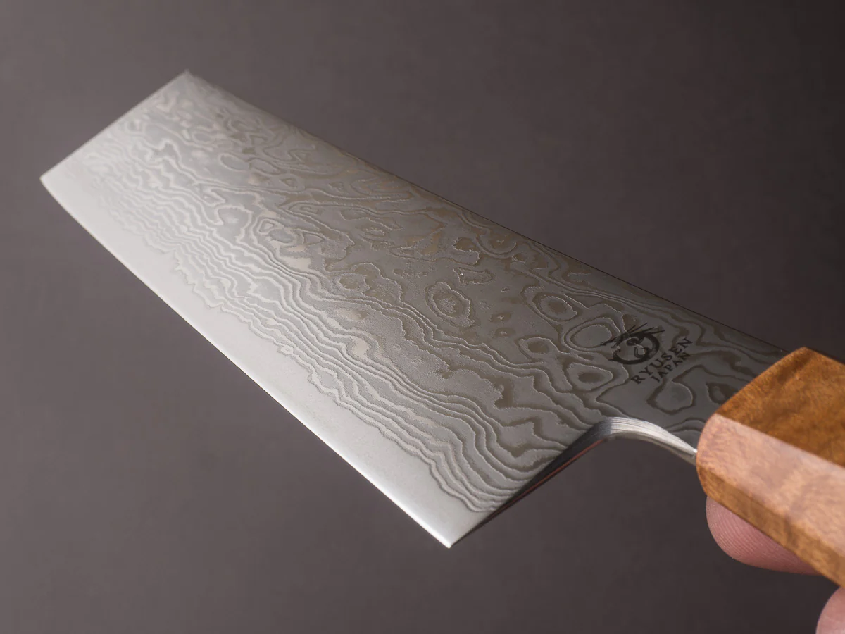 RYUSEN - FUKAKURYU - ATS314 Damascus - 155mm Nakiri - Mono Curly Maple Handle - Image 11