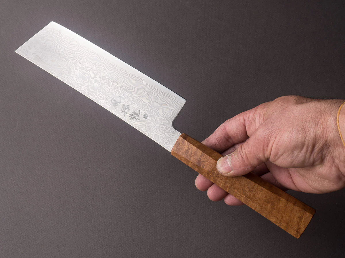 RYUSEN - FUKAKURYU - ATS314 Damascus - 155mm Nakiri - Mono Curly Maple Handle - Image 5