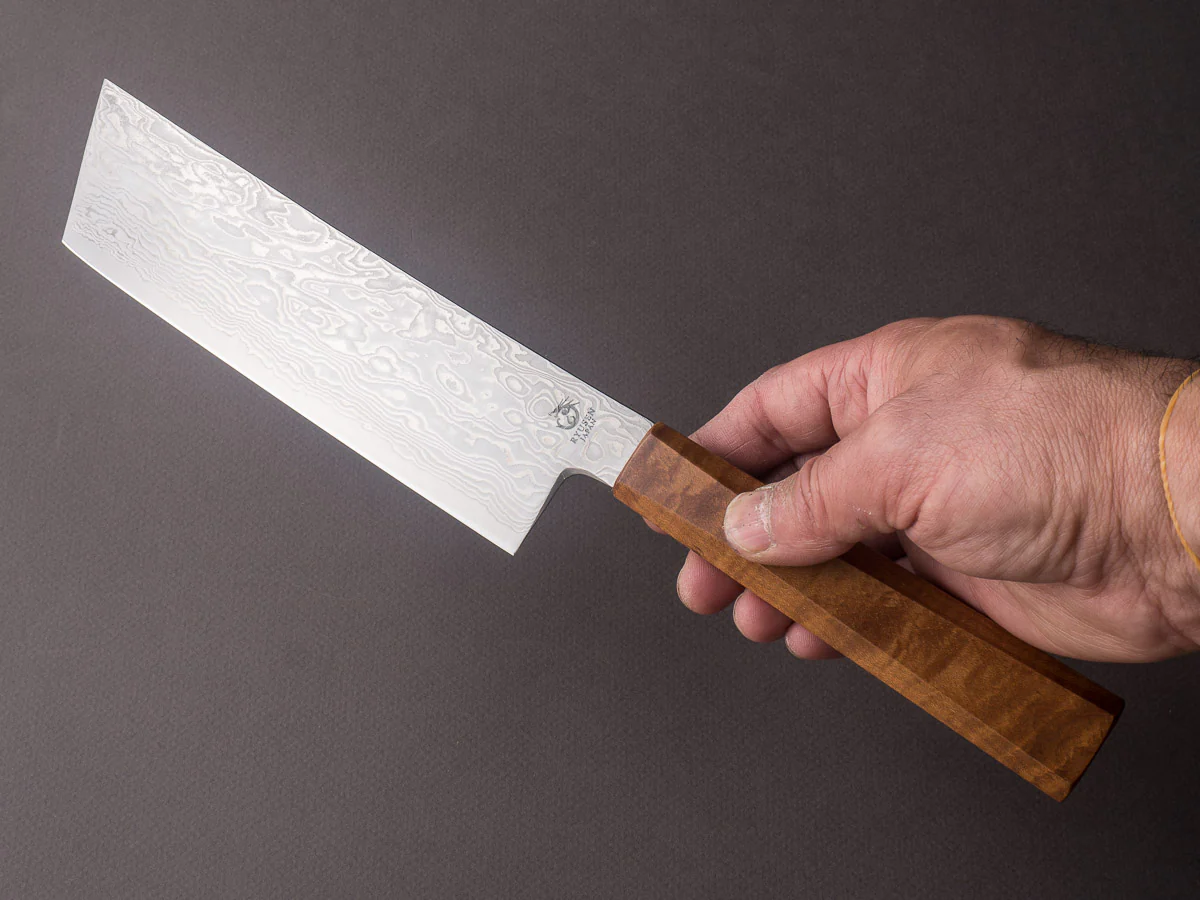 RYUSEN - FUKAKURYU - ATS314 Damascus - 155mm Nakiri - Mono Curly Maple Handle - Image 6