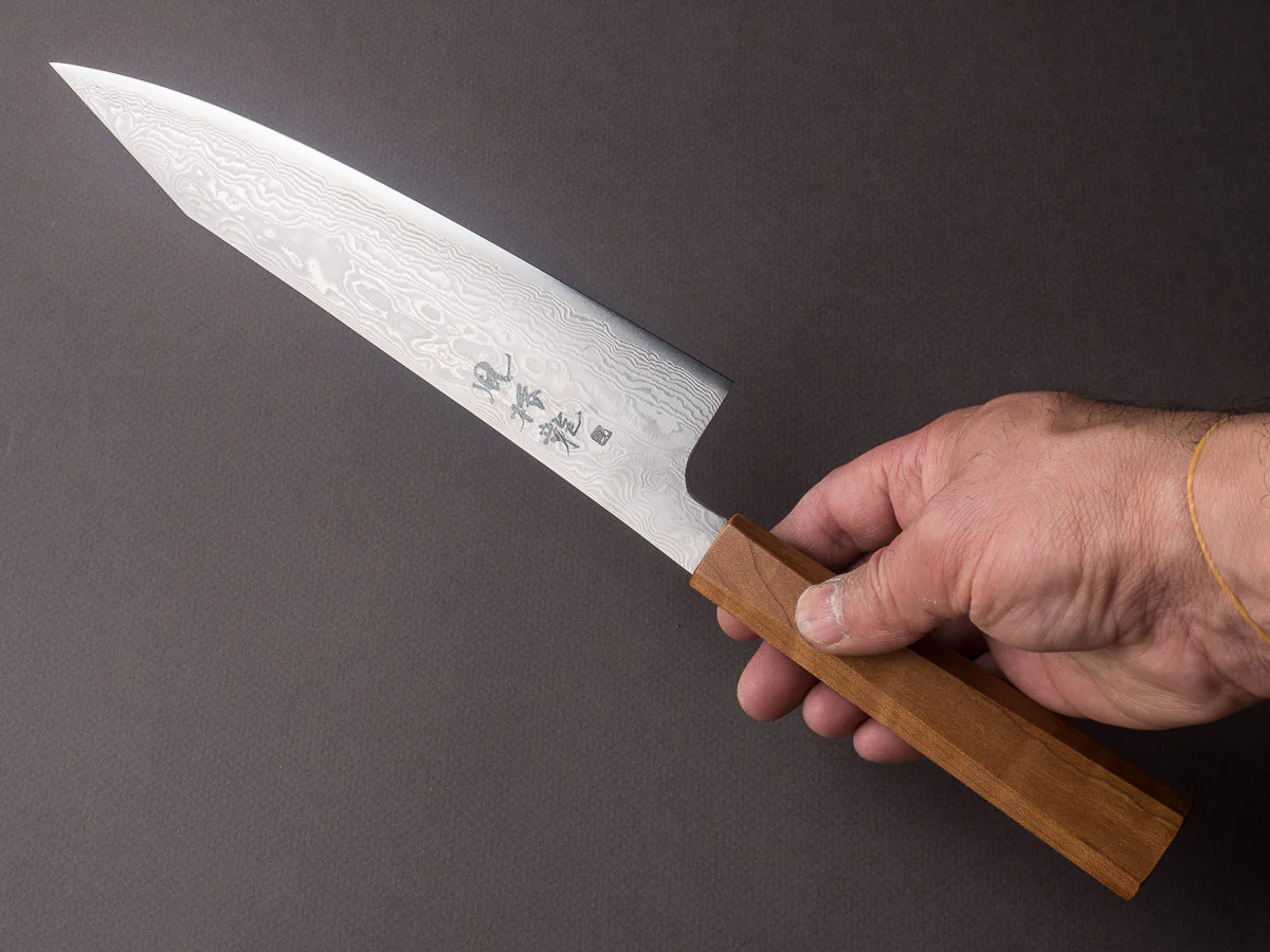 RYUSEN - FUKAKURYU - ATS314 Damascus - 210mm Kiritsuke Gyuto - Mono Curly Maple Handle - Image 6