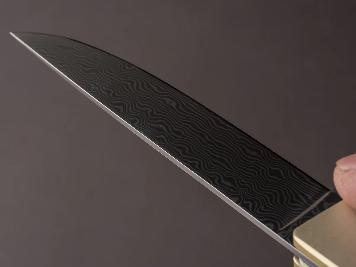 Ryusen - SK07 - Single Bevel Folding Steak Knife - Coreless Damascus - Champagne Gold Handle w/ Red Stitch Leather Case - Image 10
