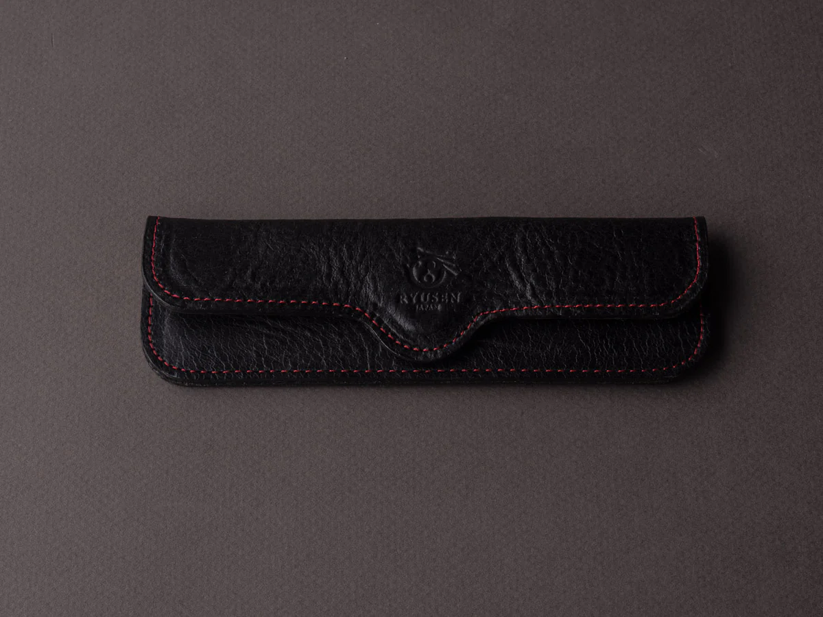 Ryusen - SK07 - Single Bevel Folding Steak Knife - Coreless Damascus - Champagne Gold Handle w/ Red Stitch Leather Case - Image 11