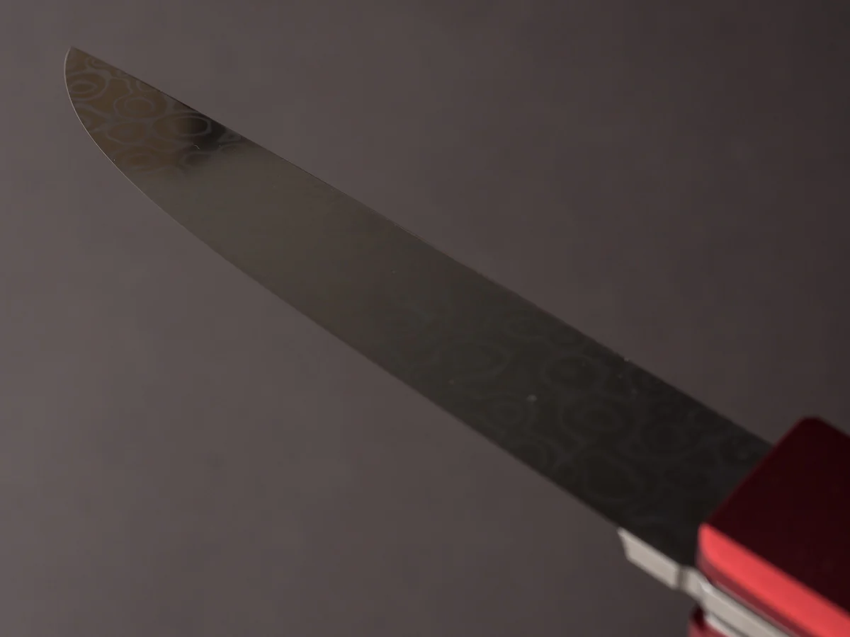 Ryusen - SK07 - Single Bevel Folding Steak Knife - Coreless Damascus - Coral Red Handle w/ Red Stitch Leather Case - Image 10