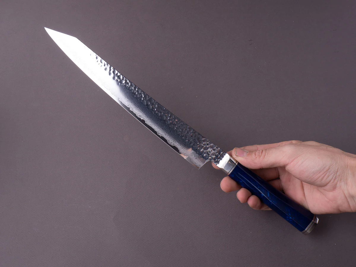 RYUSEN - SOURYURIN - VG10W - Tsuchime Damascus - Sujihiki - 260mm - Blue Poly Resin Hybrid Handle - Image 6