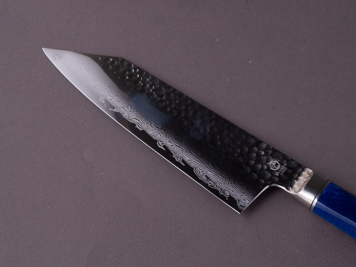 Ryusen - SOURYURIN - VG10W - Tsuchime Damascus - 175mm - Bunka - Blue Poly Resin Hybrid Handle - Image 4