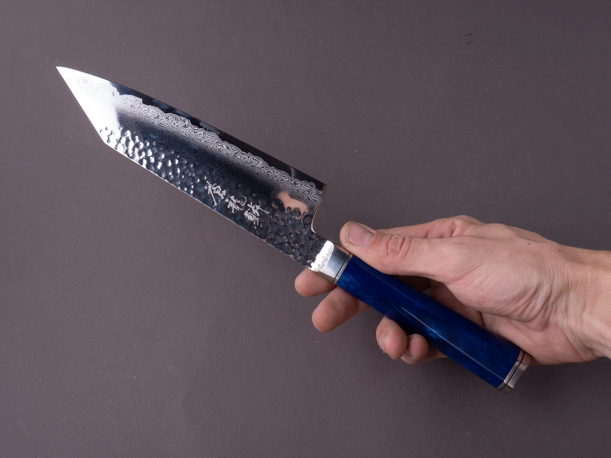 Ryusen - SOURYURIN - VG10W - Tsuchime Damascus - 175mm - Bunka - Blue Poly Resin Hybrid Handle - Image 7