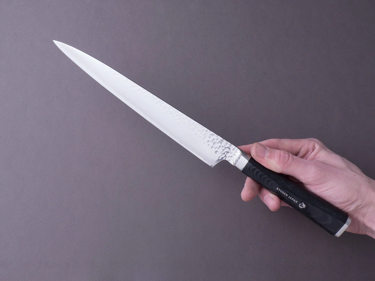 RYUSEN - TANGANRYU - VG10 - Tsuchime Damascus - Sujihiki - 240mm - Micarta Hybrid Handle - Image 11
