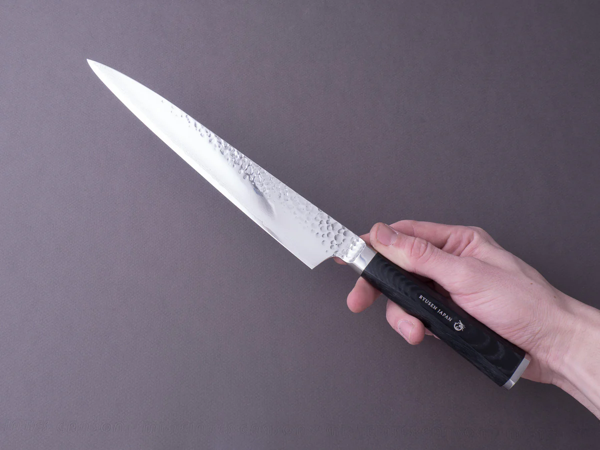 RYUSEN - TANGANRYU - VG10 - Tsuchime Damascus - Sujihiki - 240mm - Micarta Hybrid Handle - Image 5