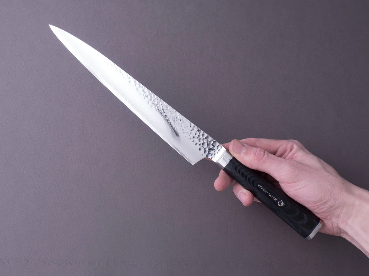 RYUSEN - TANGANRYU - VG10 - Tsuchime Damascus - Sujihiki - 240mm - Micarta Hybrid Handle - Image 6