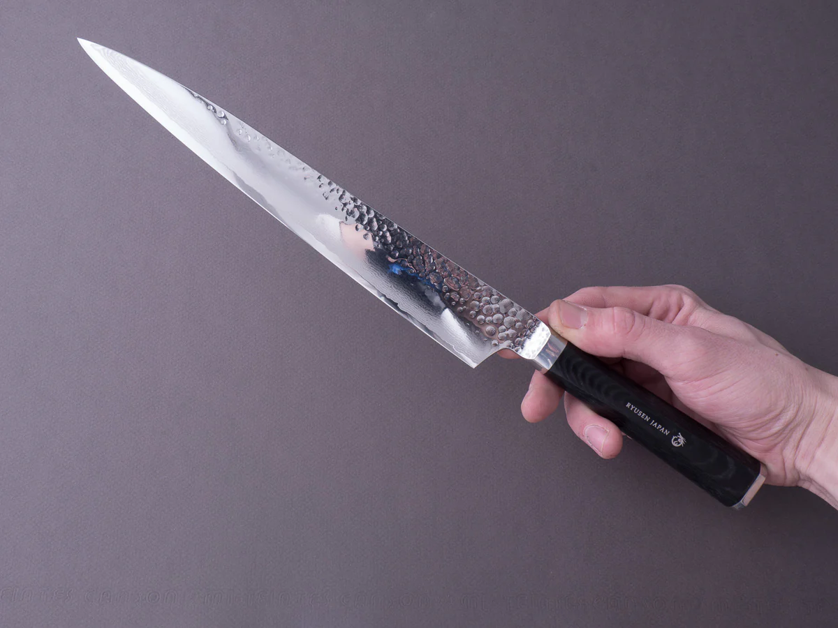 RYUSEN - TANGANRYU - VG10 - Tsuchime Damascus - Sujihiki - 240mm - Micarta Hybrid Handle - Image 7