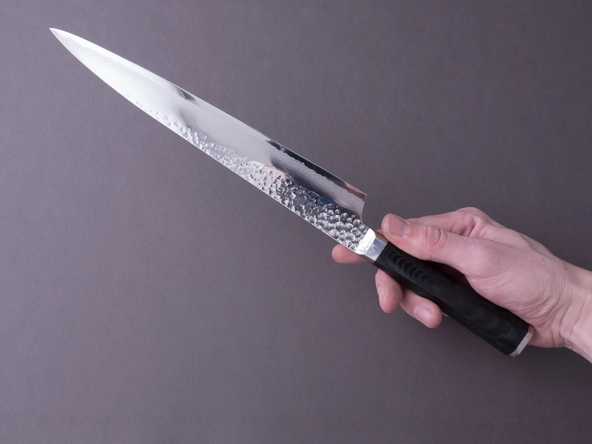 RYUSEN - TANGANRYU - VG10 - Tsuchime Damascus - Sujihiki - 240mm - Micarta Hybrid Handle - Image 8