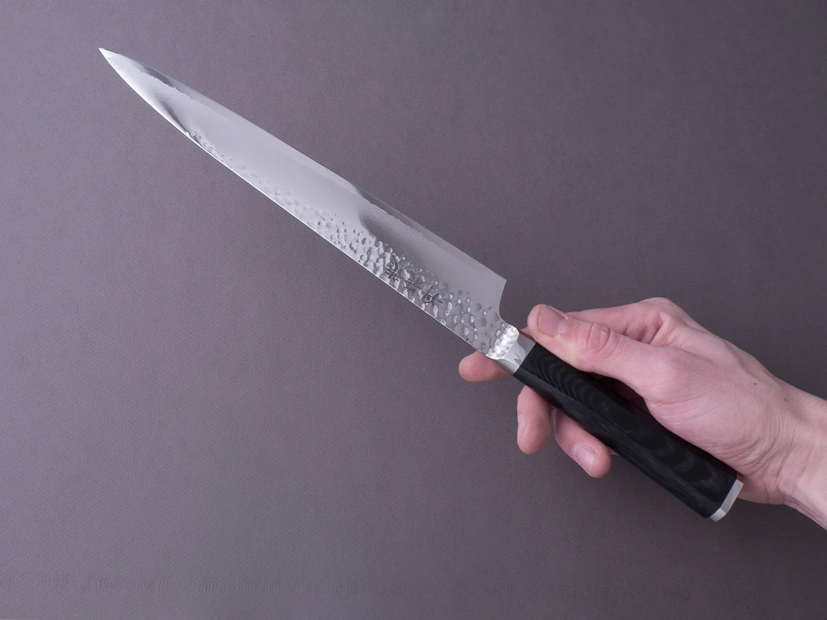 RYUSEN - TANGANRYU - VG10 - Tsuchime Damascus - Sujihiki - 240mm - Micarta Hybrid Handle - Image 9