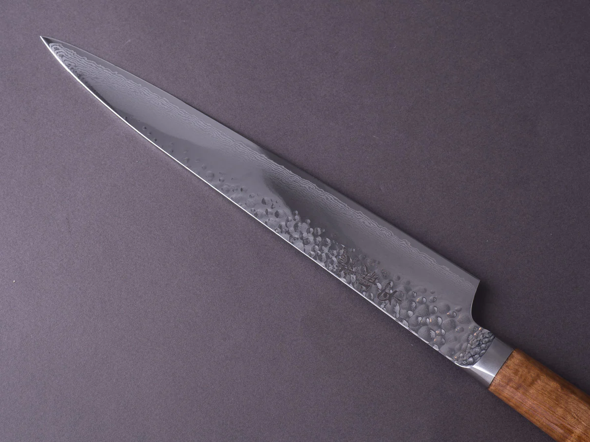 RYUSEN - TANGANRYU - VG10 - Tsuchime Damascus - Sujihiki - 240mm - Maple Hybrid Handle - Image 4