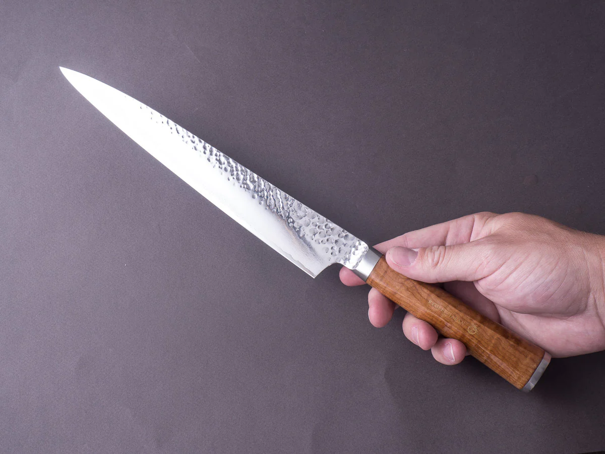 RYUSEN - TANGANRYU - VG10 - Tsuchime Damascus - Sujihiki - 240mm - Maple Hybrid Handle - Image 6