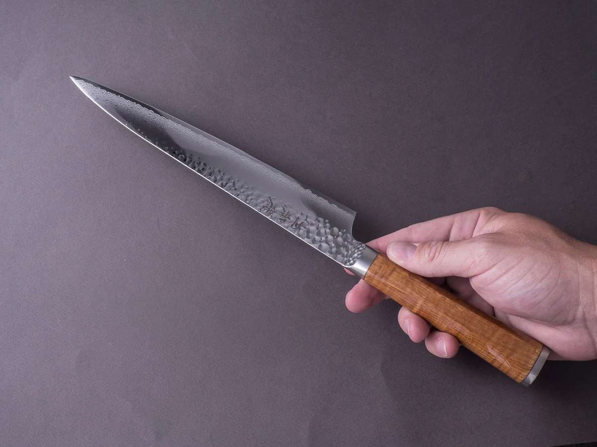 RYUSEN - TANGANRYU - VG10 - Tsuchime Damascus - Sujihiki - 240mm - Maple Hybrid Handle - Image 7