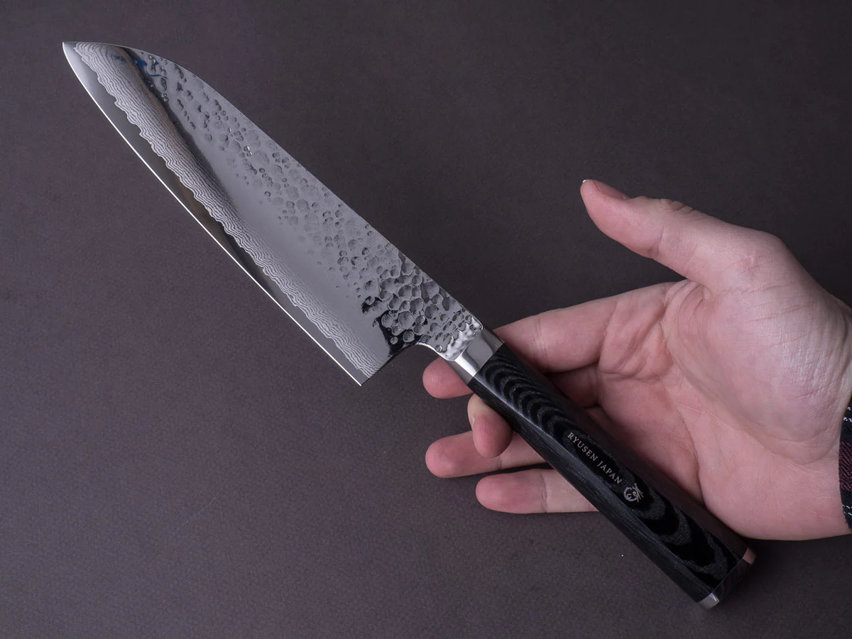 RYUSEN - TANGANRYU - VG10 - Tsuchime Damascus - Santoku - 170mm - Micarta Hybrid Handle - Image 6