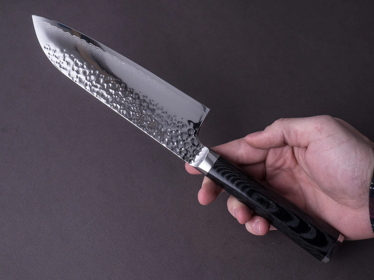 RYUSEN - TANGANRYU - VG10 - Tsuchime Damascus - Santoku - 170mm - Micarta Hybrid Handle - Image 7