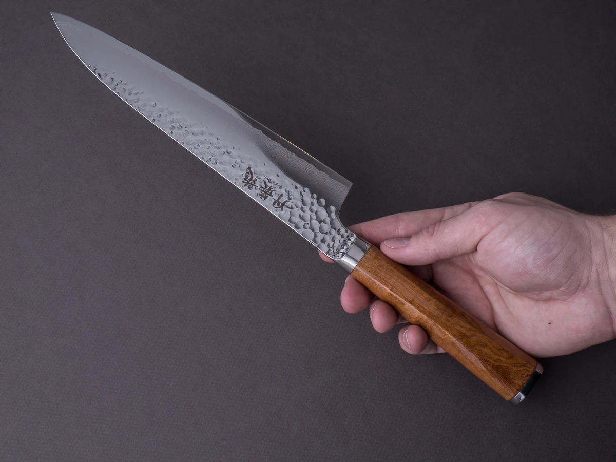 RYUSEN - TANGANRYU - VG10 Tsuchime Damascus - 210mm Gyuto - Maple Hybrid Handle - Image 7