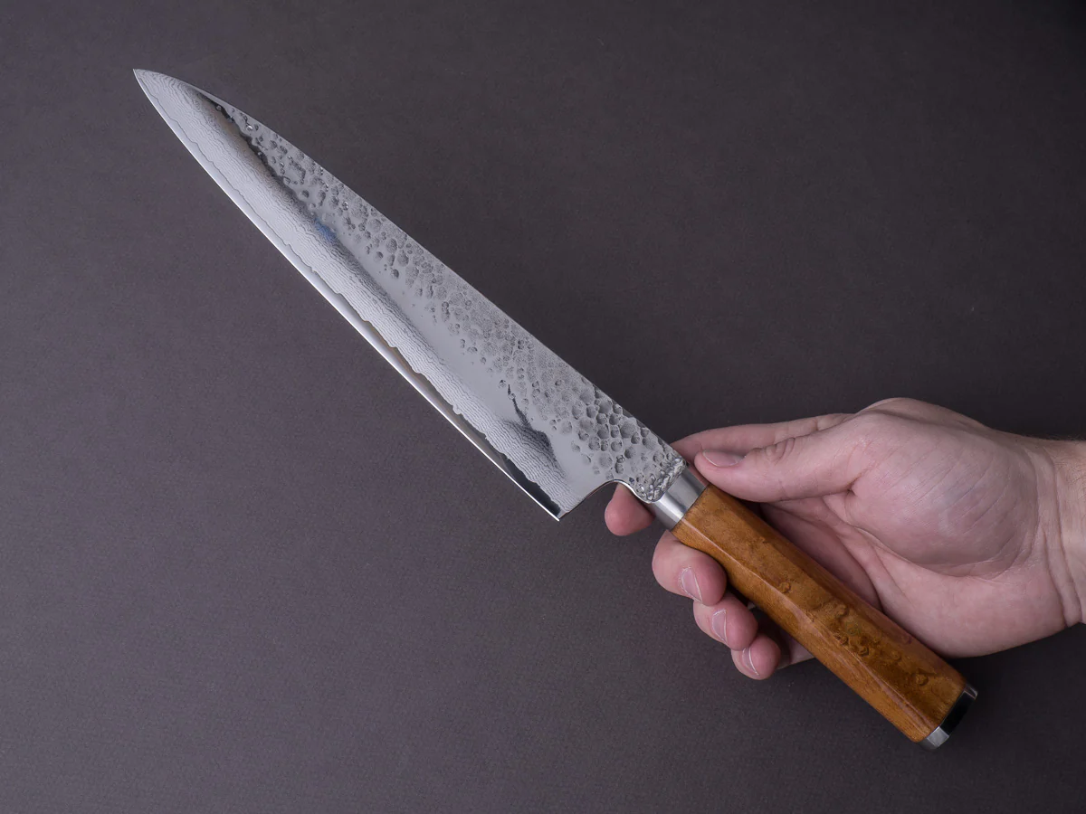 RYUSEN - TANGANRYU - VG10 Tsuchime Damascus - 240mm Gyuto - Maple Hybrid Handle - Image 6