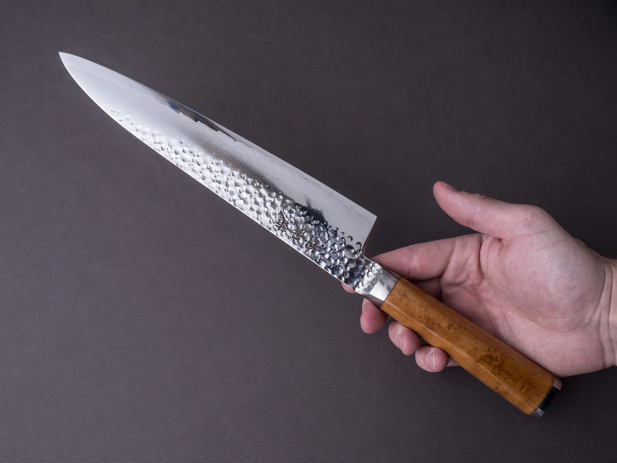 RYUSEN - TANGANRYU - VG10 Tsuchime Damascus - 240mm Gyuto - Maple Hybrid Handle - Image 7