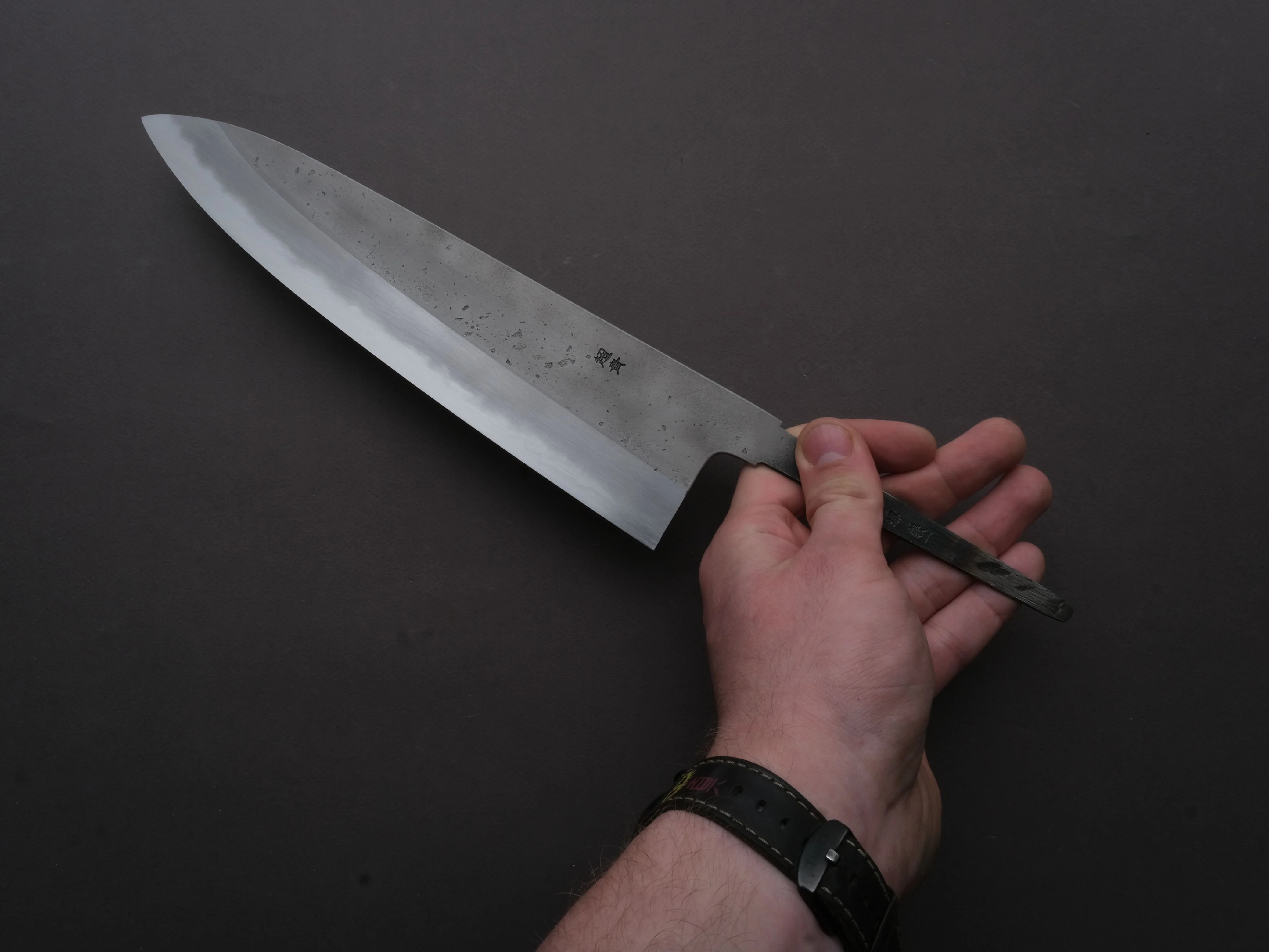 Sakai Kikumori - Strata Custom - Tanaka - Blue Super - Nashiji - 255mm Gyuto - No Handle - Signed Tang - Image 4