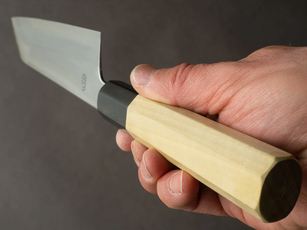 Sakai Kikumori - Kikuzuki Kasumi - White #2 - 180mm Kiritsuke Santoku - Ho Wood Handle - Image 9