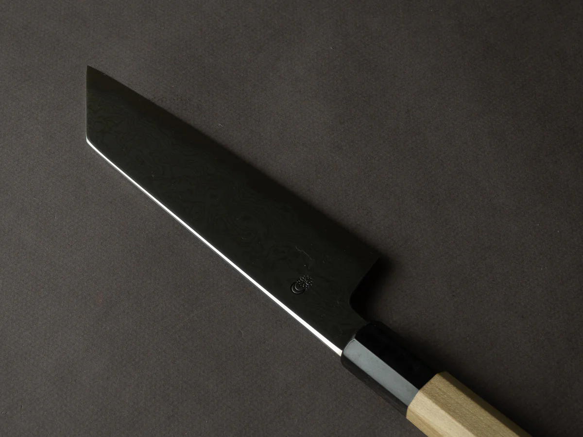 Sakai Kikumori - Kikuzuki Uzu - Blue #1 - Damascus - Kiritsuke Santoku - 180mm - Magnolia Handle - Image 2