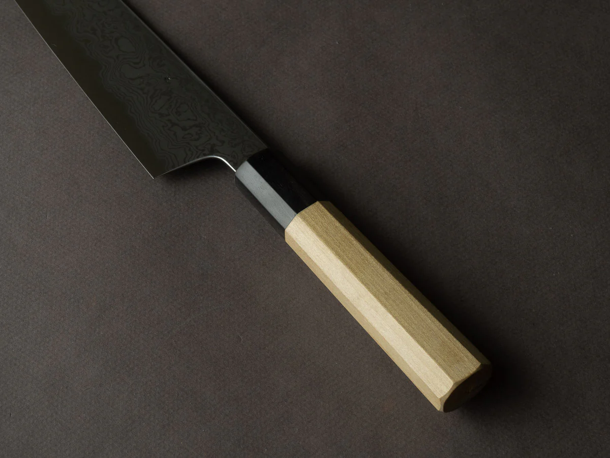 Sakai Kikumori - Kikuzuki Uzu - Blue #1 - Damascus - Kiritsuke Santoku - 180mm - Magnolia Handle - Image 4