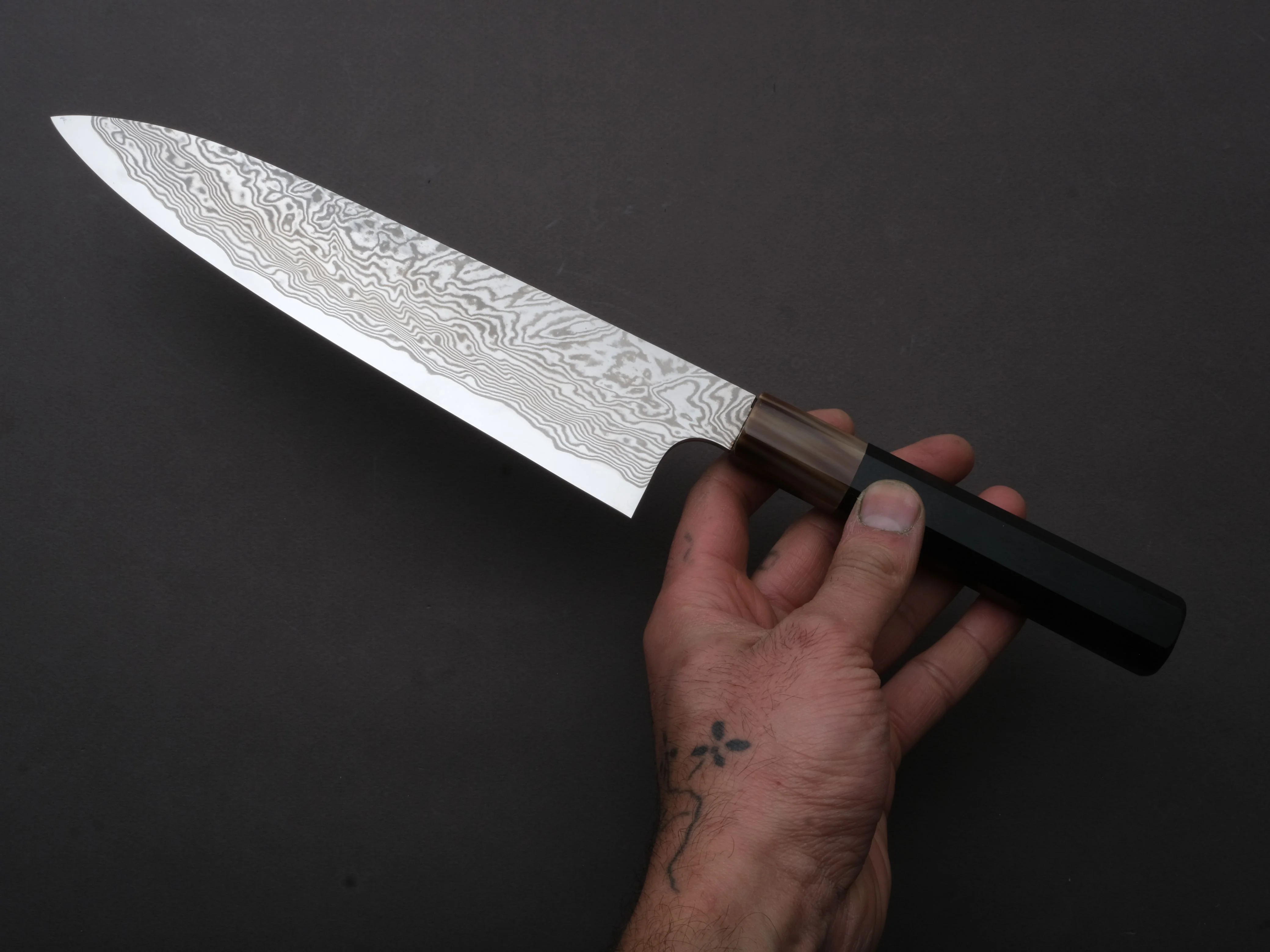 Sakai Kikumori - MINAMO - ATS34 - Damascus - Gyuto - 210mm - Ebony Handle - Image 3