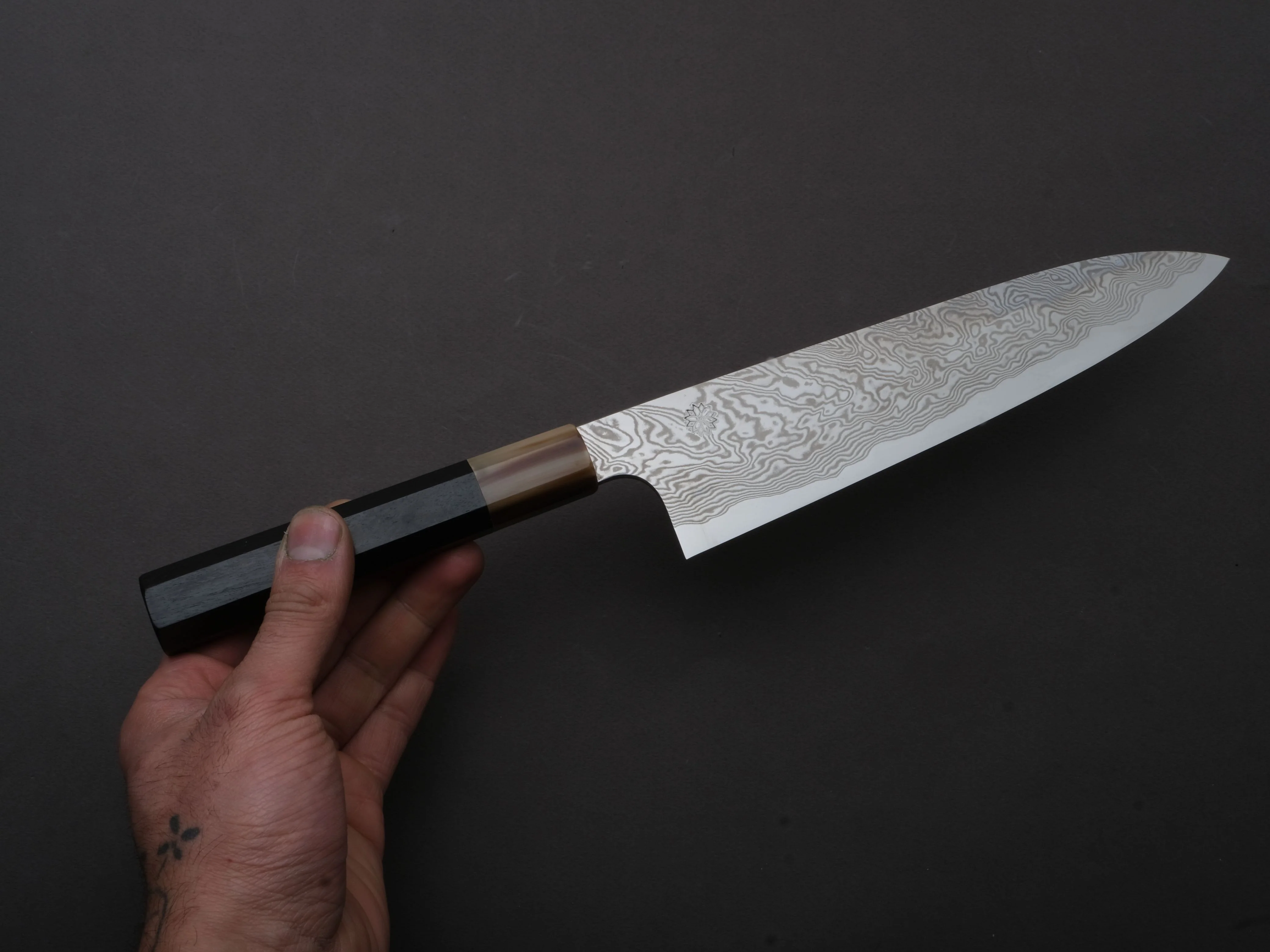 Sakai Kikumori - MINAMO - ATS34 - Damascus - Gyuto - 210mm - Ebony Handle - Image 4