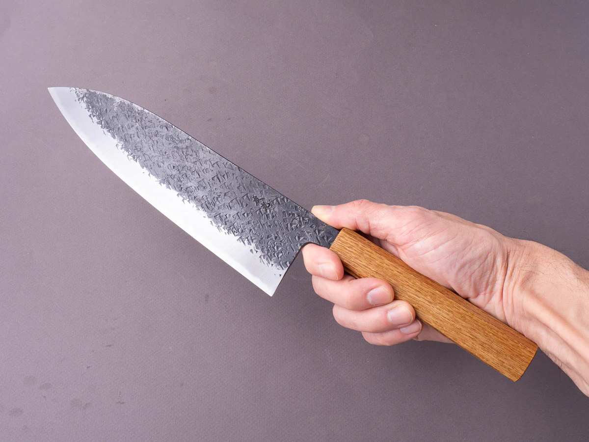 Sakai Kikumori - MK - Blue #2 - Kurouchi Tsuchime - 210mm Gyuto - Oak Handle - Image 9