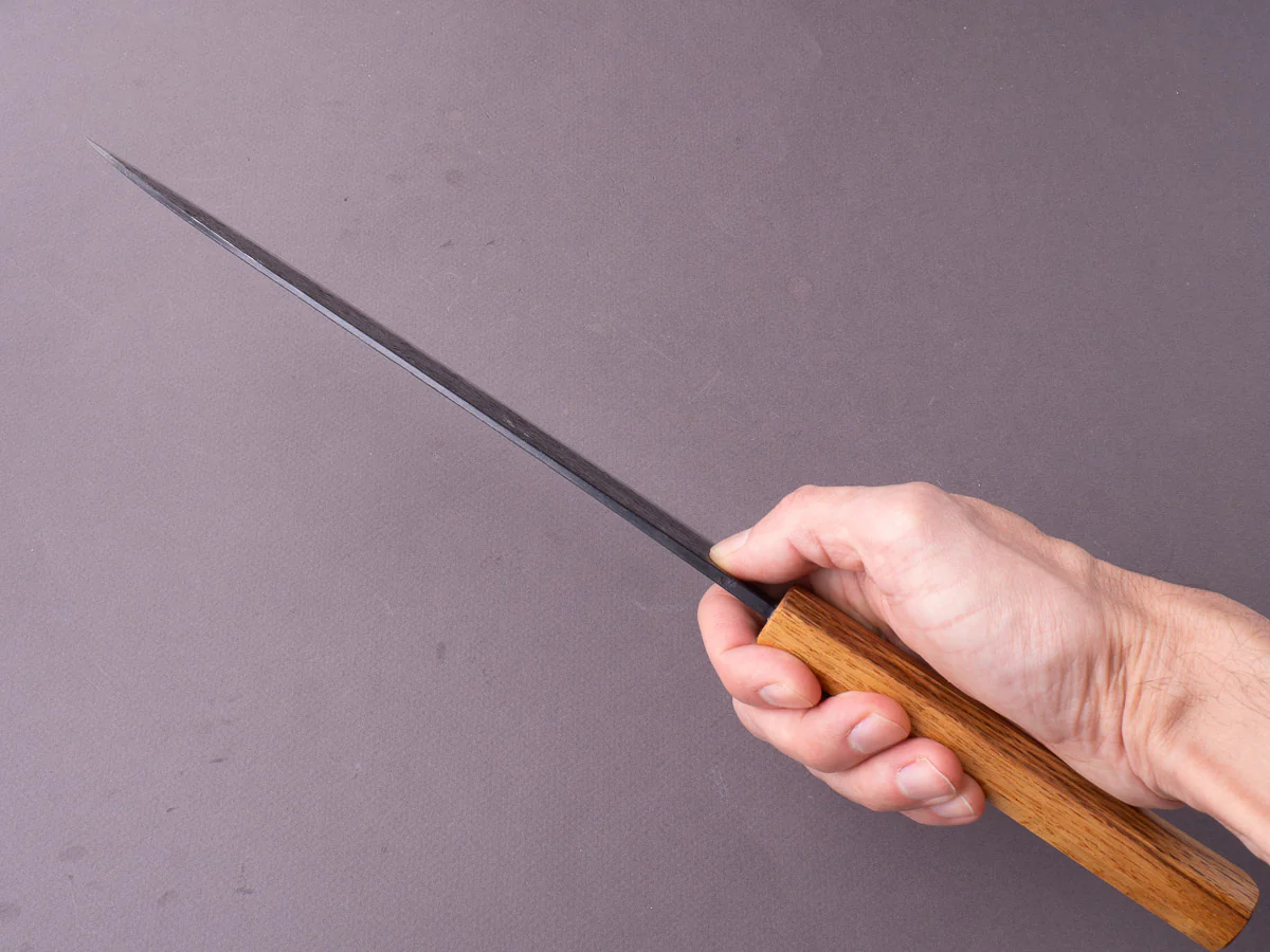 Sakai Kikumori - MK - Blue #2 - Kurouchi Tsuchime - 240mm Gyuto - Oak Handle - Image 3