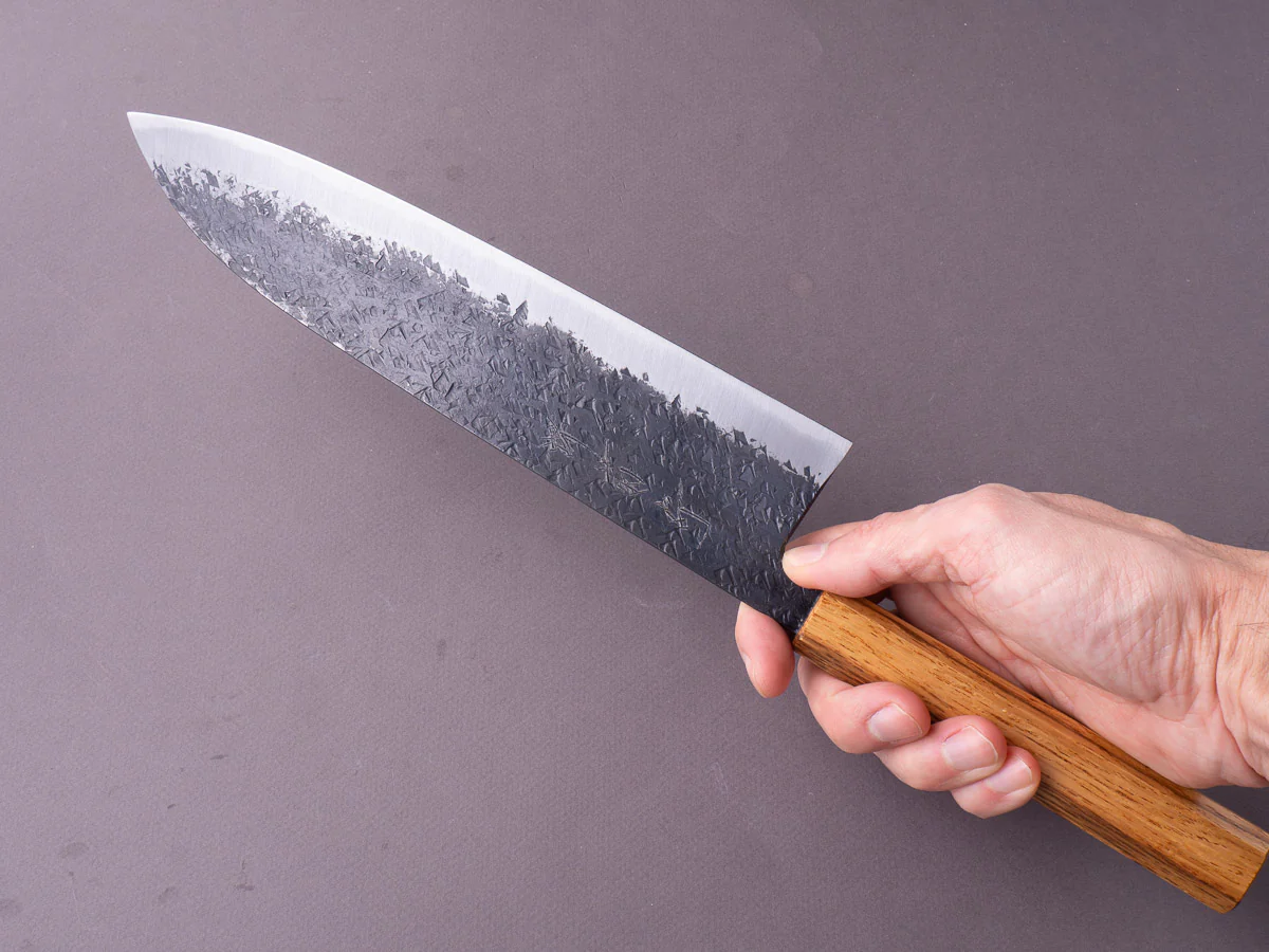Sakai Kikumori - MK - Blue #2 - Kurouchi Tsuchime - 240mm Gyuto - Oak Handle - Image 9